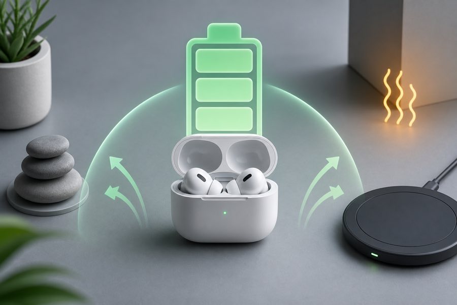 イヤホンの充電ケースと温度・バッテリー管理を表現したオリジナル画像