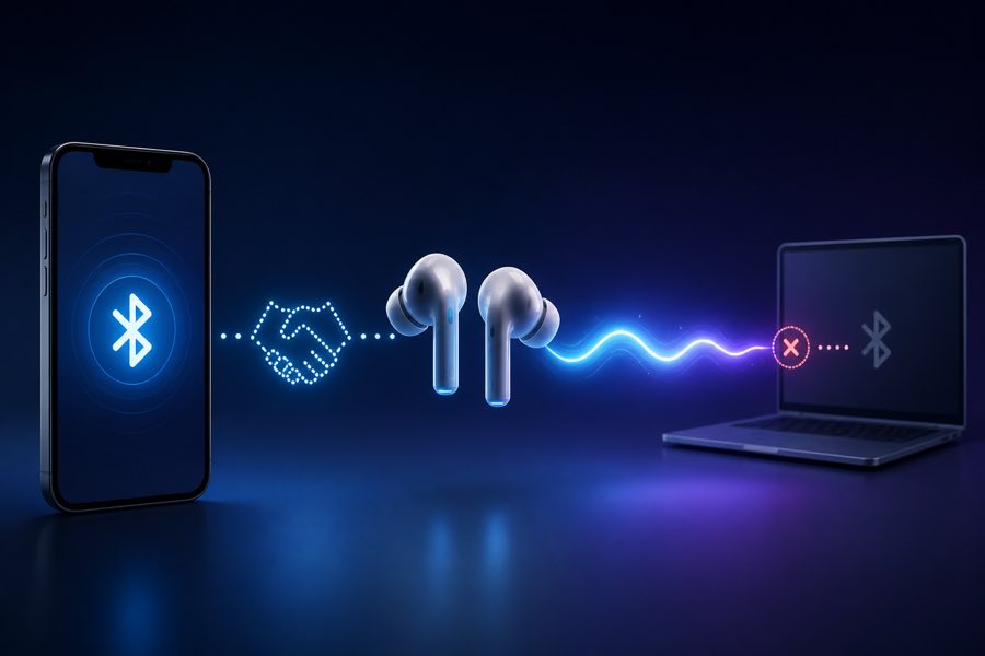 スマートフォンとイヤホンのBluetoothペアリング手順を表現したオリジナル画像