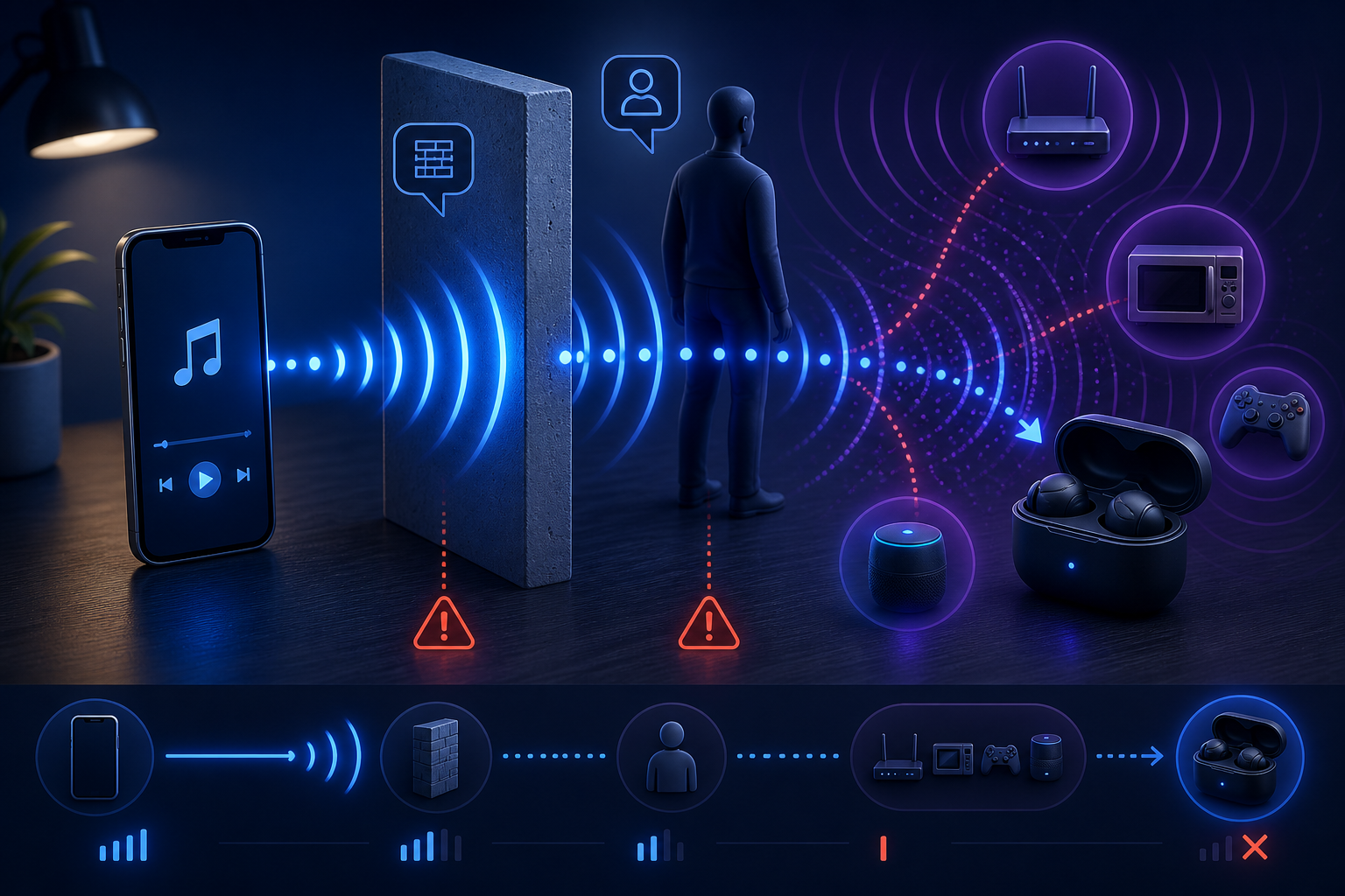 スマートフォンとイヤホン間のBluetooth信号が障害物や電波で途切れるオリジナル画像