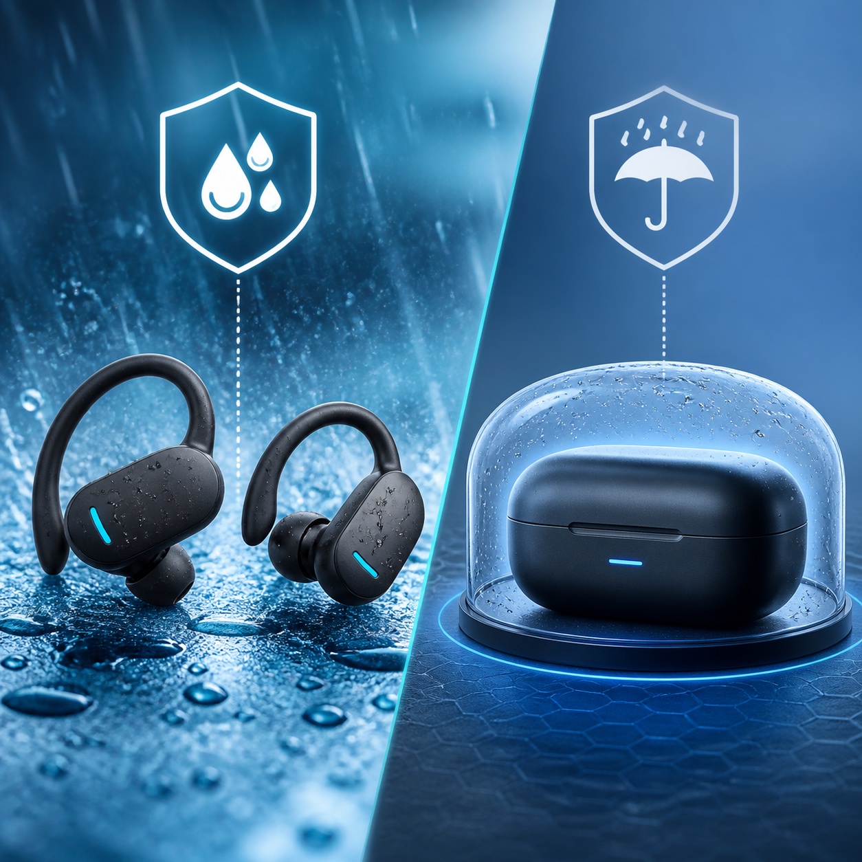 汗や雨に触れるスポーツイヤホンと乾いた充電ケースを分けて表現したオリジナル画像
