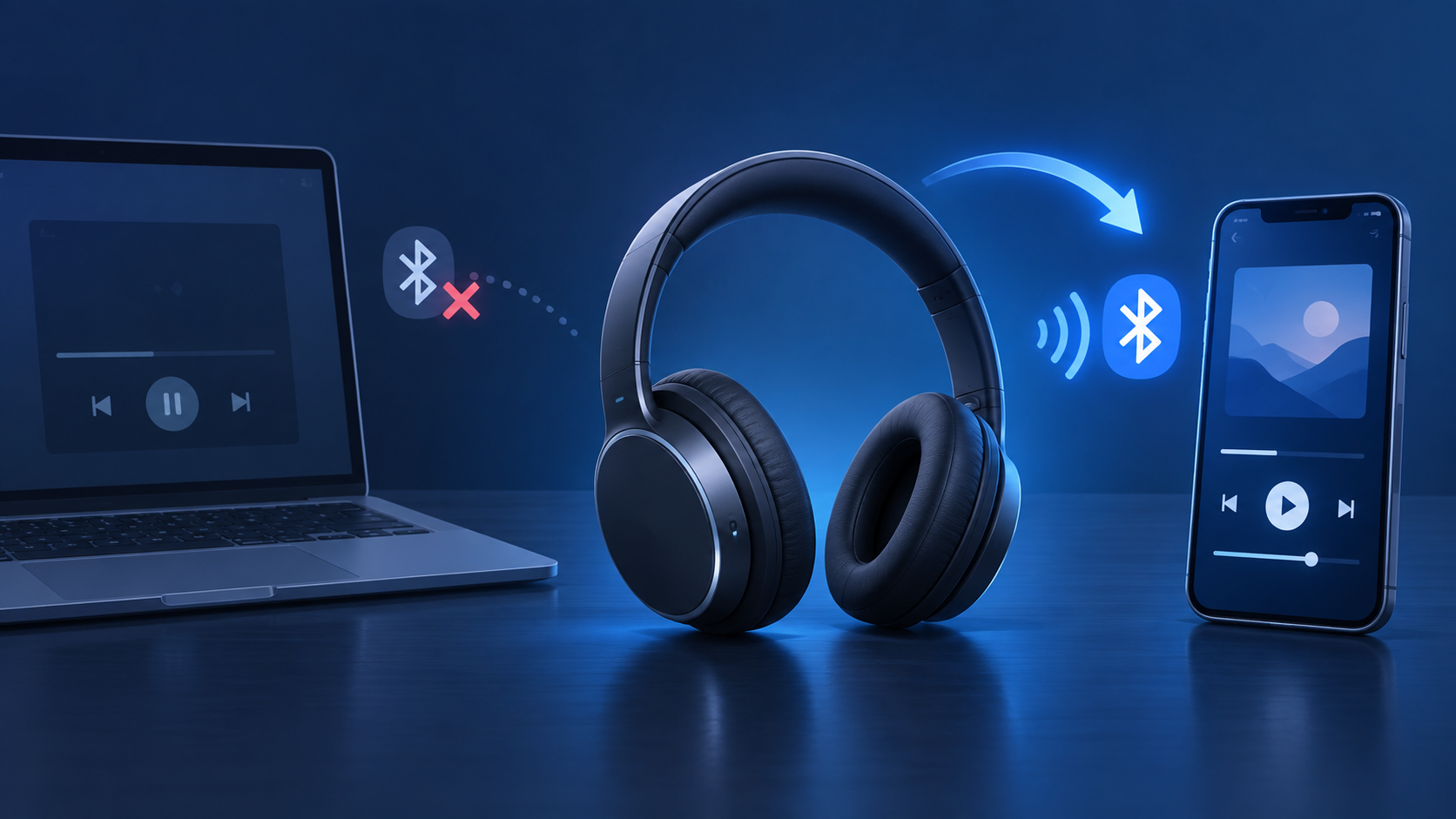 PCとスマートフォン間でBluetooth再生を切り替えるヘッドホンのイメージ
