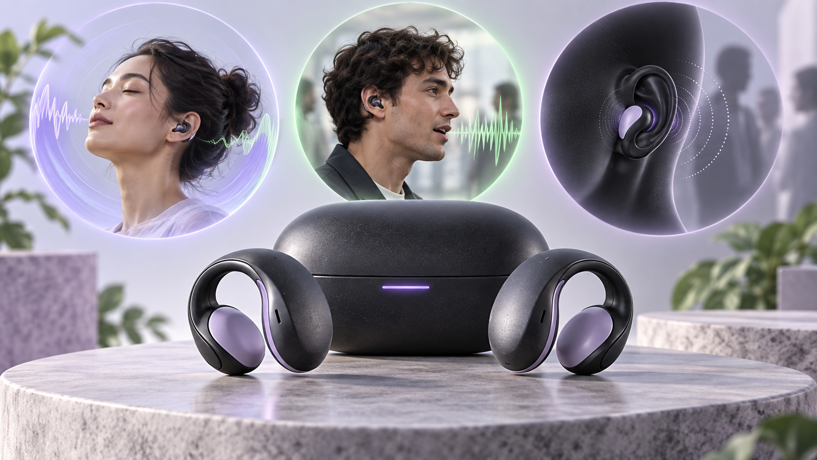 3つのリスニングモードを表現した架空のイヤーカフ型ワイヤレスイヤホン