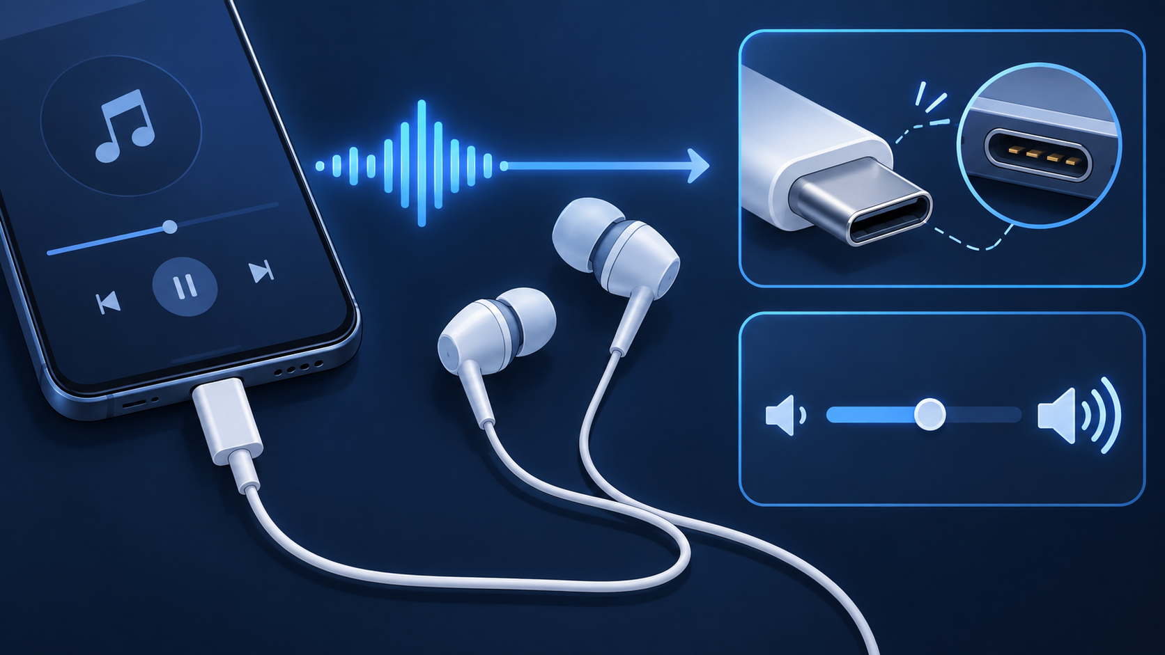 スマートフォンにUSB-C有線イヤホンを接続して確認するイメージ