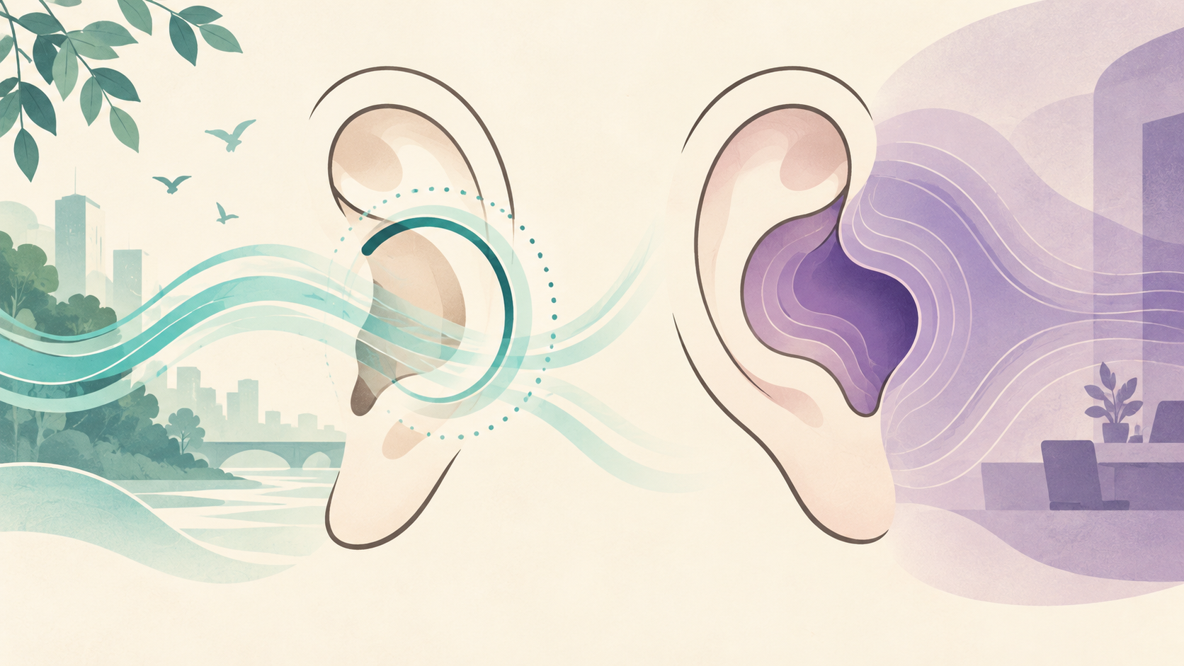 周囲の音を通す耳と音を遮る耳を並べた概念イラスト