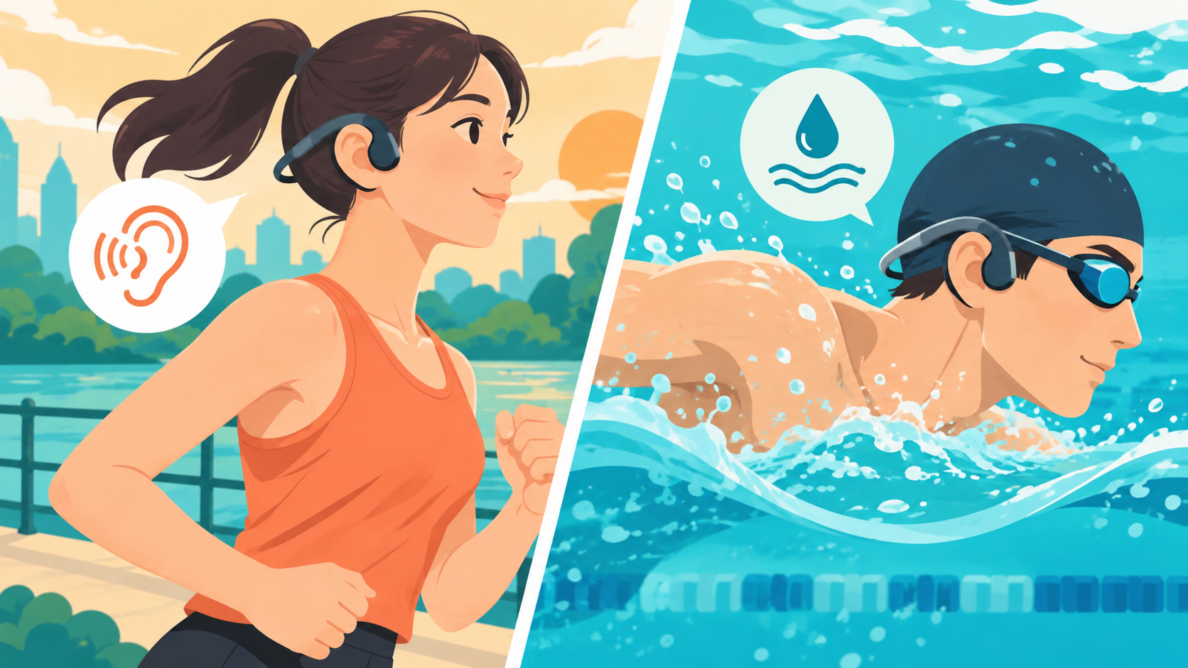 ランニングと水泳で異なるオープンイヤーイヤホンの使い方を対比したイラスト